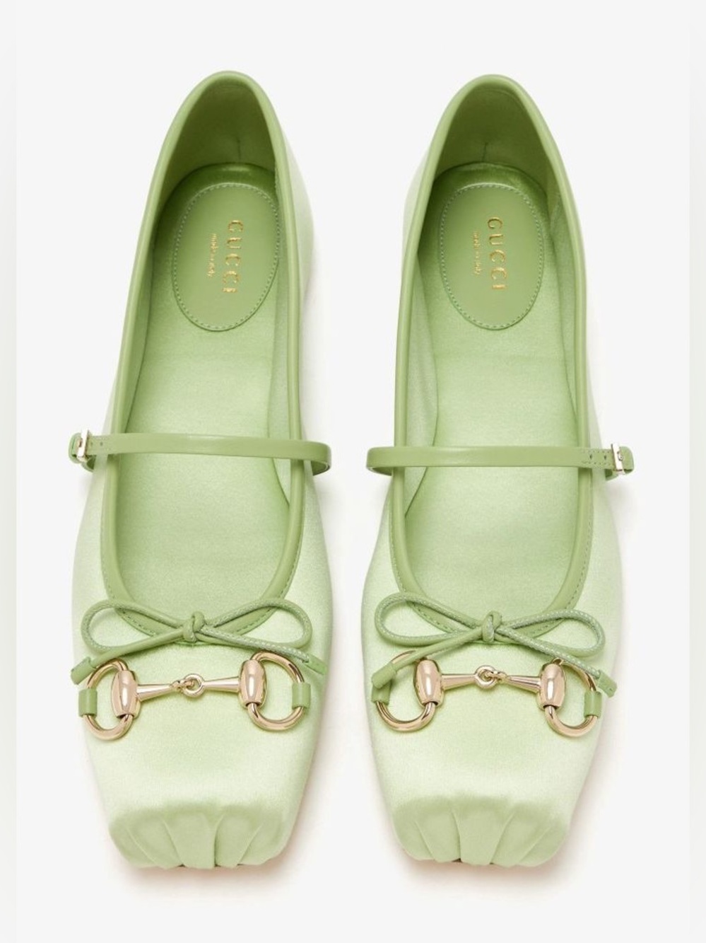 Gucci Light Green Satin Mary Jane Ballet Flats with Gold Horsebit 38
